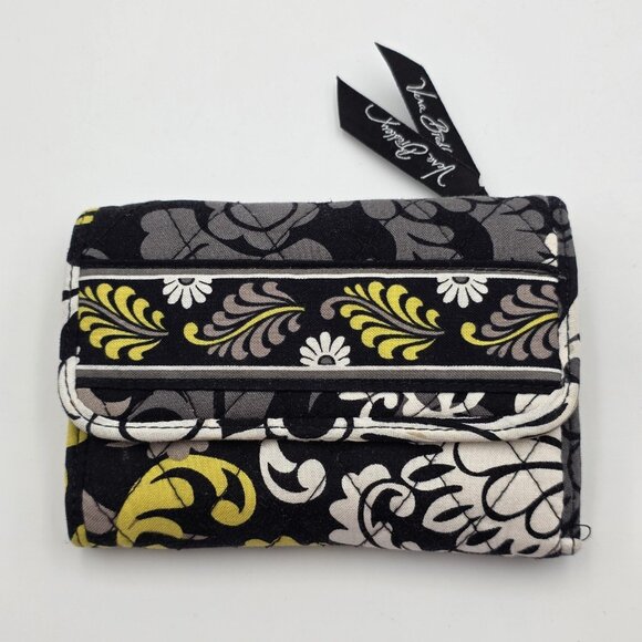 Vera Bradley Wallet Womens Black Gray Yellow Quilted Trifold Snap Zip Coin ID - Picture 1 of 8